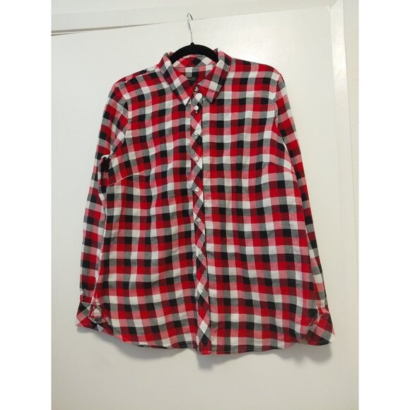 Talbots Flannel Shimmer Button Up Blouse Red White Gold Plaid Cozy Cabin Med - Picture 2 of 7